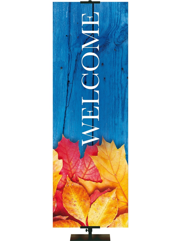 Stock Welcome Banner Fall Leaves and Blue Wooden Fence